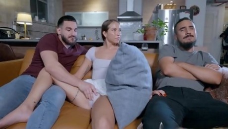 Teen cheating on her husband with her perverted stepbrother while sitting on the same couch