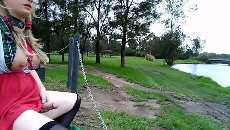 Sissy shemale slut flashing and cumming on a golf course