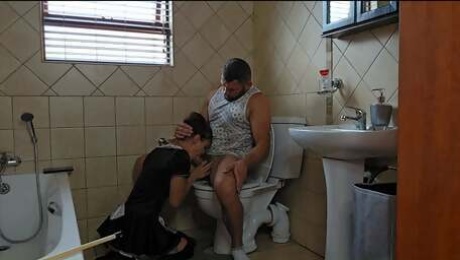 French maid gives BLUMKIN,CUM shot after gagging