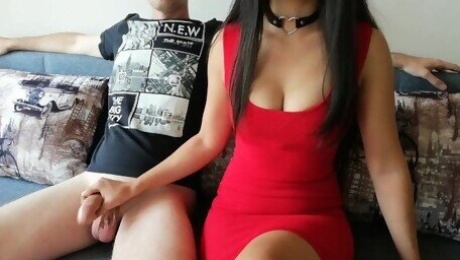 Hard handjob from asian girl in red dress and black choker